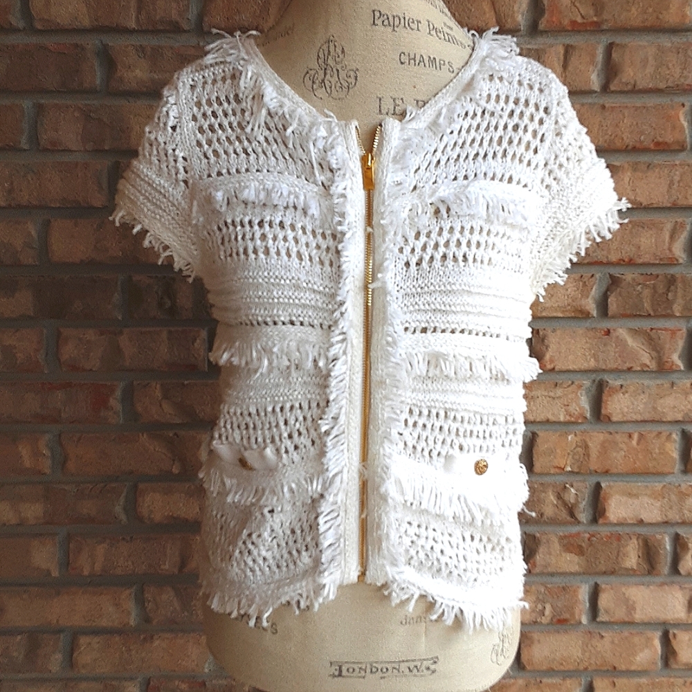 Cache Vintage Peek-a-Boo Chenille Knit Full Front Zipper Top Size Small.